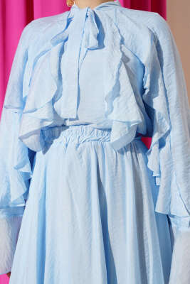 Önü Fırfır Detaylı Etekli İkili Takım Mavi - Thumbnail