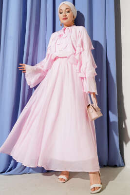 Önü Fırfır Detaylı Etekli İkili Takım Pembe - Thumbnail