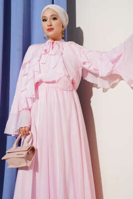 Önü Fırfır Detaylı Etekli İkili Takım Pembe - Thumbnail