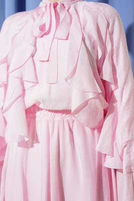 Önü Fırfır Detaylı Etekli İkili Takım Pembe - Thumbnail