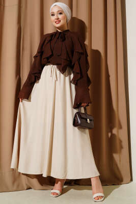 Yandan Cep Detaylı Kloş Etek Bej - Thumbnail