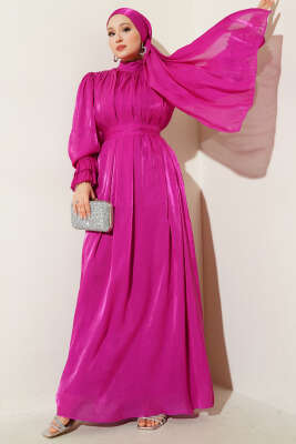 Pazarium - Bilekten Fırfırlı Şal Hediyeli Elbise Fusya