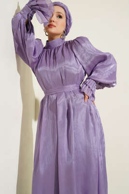 Pazarium - Bilekten Fırfırlı Şal Hediyeli Elbise Lila