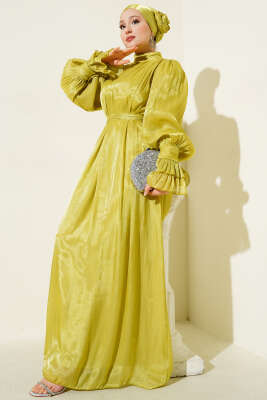 Pazarium - Bilekten Fırfırlı Şal Hediyeli Elbise Yağ Yeşili