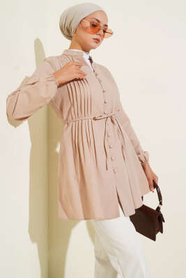 Pazarium - Önü Pileli Terikoton Gömlek Bej