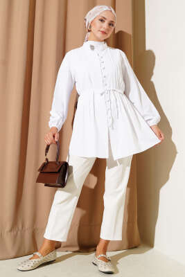 Önü Pileli Terikoton Gömlek Beyaz - Thumbnail