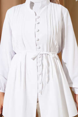 Önü Pileli Terikoton Gömlek Beyaz - Thumbnail