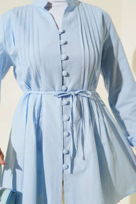 Önü Pileli Terikoton Gömlek Mavi - Thumbnail