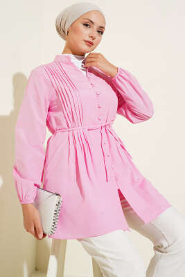 Pazarium - Önü Pileli Terikoton Gömlek Pembe