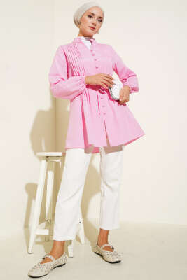 Önü Pileli Terikoton Gömlek Pembe - Thumbnail