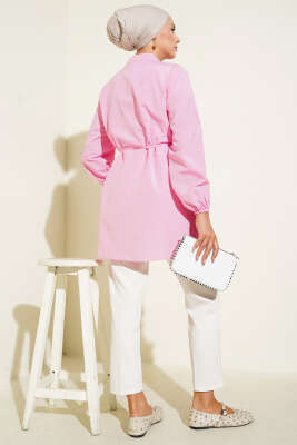 Önü Pileli Terikoton Gömlek Pembe - Thumbnail