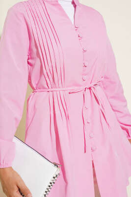 Önü Pileli Terikoton Gömlek Pembe - Thumbnail
