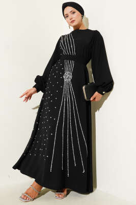 Pazarium - Taş Şerit Geçişli Kuşaklı Abiye Elbise Siyah