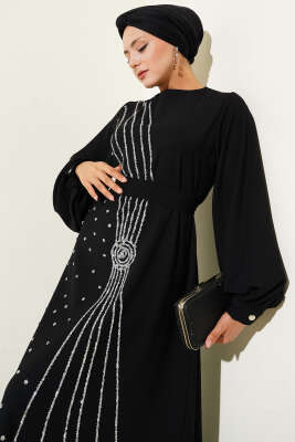 Taş Şerit Geçişli Kuşaklı Abiye Elbise Siyah - Thumbnail