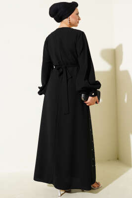 Taş Şerit Geçişli Kuşaklı Abiye Elbise Siyah - Thumbnail