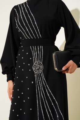 Taş Şerit Geçişli Kuşaklı Abiye Elbise Siyah - Thumbnail