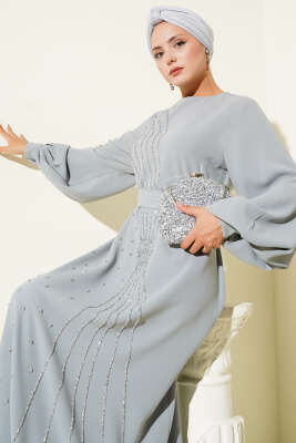 Taş Şerit Geçişli Kuşaklı Abiye Elbise Gri - Thumbnail