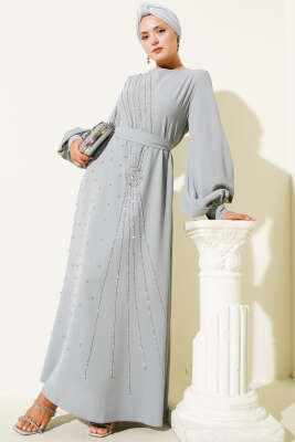Taş Şerit Geçişli Kuşaklı Abiye Elbise Gri - Thumbnail