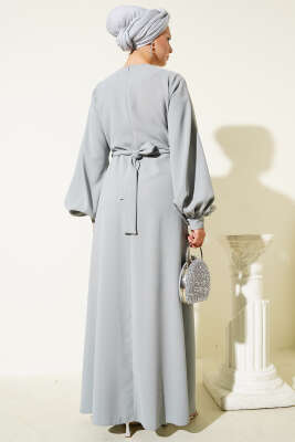 Taş Şerit Geçişli Kuşaklı Abiye Elbise Gri - Thumbnail