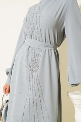Taş Şerit Geçişli Kuşaklı Abiye Elbise Gri - Thumbnail