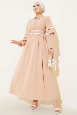 Pazarium - Yarım Düğmeli Garnili Kuşaklı Elbise Bej
