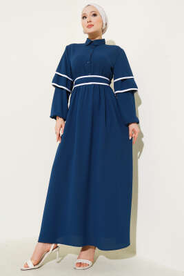 Pazarium - Yarım Düğmeli Garnili Kuşaklı Elbise Petrol