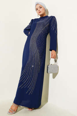 Pazarium - Mini Taş Süslemeli Abiye Elbise Lacivert