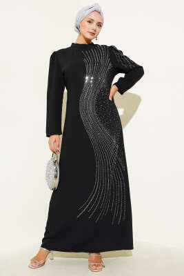 Pazarium - Mini Taş Süslemeli Abiye Elbise Siyah