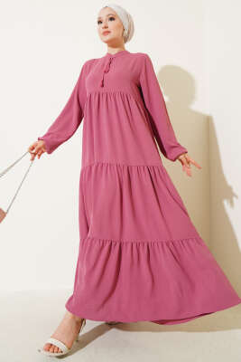 Pazarium - Yaka İp Bağcık Detaylı Kat Elbise Gül Kurusu