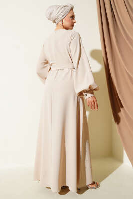 Taş Şerit Geçişli Kuşaklı Abiye Elbise Bej - Thumbnail