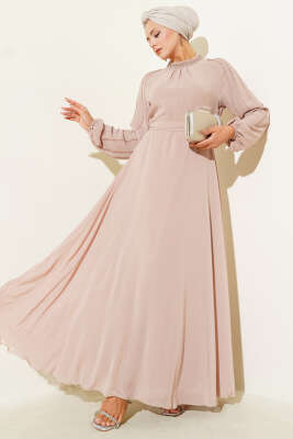 Pazarium - Şifon Kolları Taşlı Abiye Elbise Bej