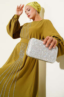 Taş Şerit Geçişli Kuşaklı Abiye Elbise Yağ Yeşili - Thumbnail