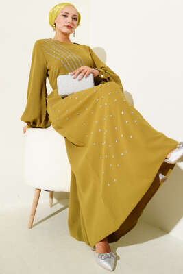 Taş Şerit Geçişli Kuşaklı Abiye Elbise Yağ Yeşili - Thumbnail