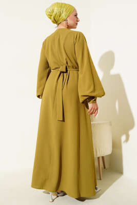 Taş Şerit Geçişli Kuşaklı Abiye Elbise Yağ Yeşili - Thumbnail