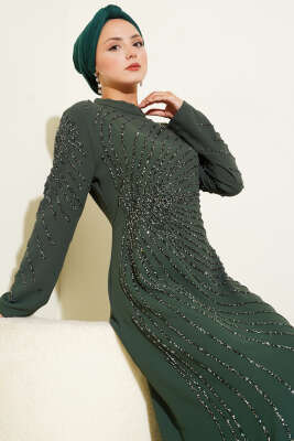 Pazarium - Önü ve Kolu Taş Süslemeli Elbise Haki