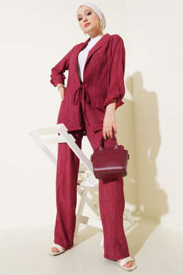 Pazarium - Önü Bağlamalı Kruvaze İkili Takım Bordo