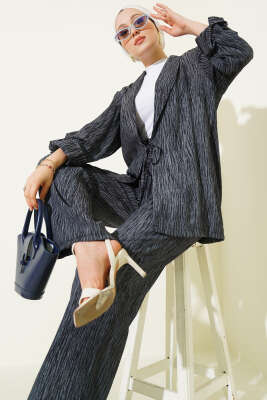 Pazarium - Önü Bağlamalı Kruvaze İkili Takım Füme