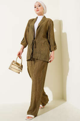 Pazarium - Önü Bağlamalı Kruvaze İkili Takım Haki