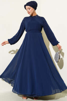 Pazarium - Şifon Kolları Taşlı Abiye Elbise Lacivert
