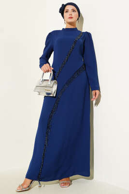 Asimetrik Taş Geçişli Abiye Elbise Lacivert - Thumbnail