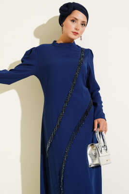 Asimetrik Taş Geçişli Abiye Elbise Lacivert - Thumbnail