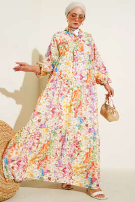 Pazarium - Ebruli Çiçekli Yarım Düğmeli Elbise Gökkuşağı