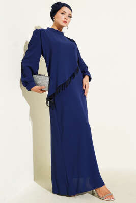 Pazarium - Çapraz Taş Süslemeli Abiye Elbise Lacivert