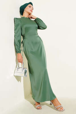 Pazarium - Yanları İp Detaylı Saten Elbise Çağla Yeşili
