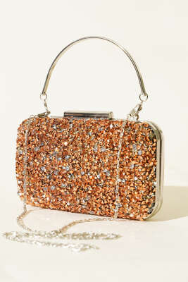 Pazarium - Dikdörtgen Taşlı Kulplu Abiye Çanta Bakır