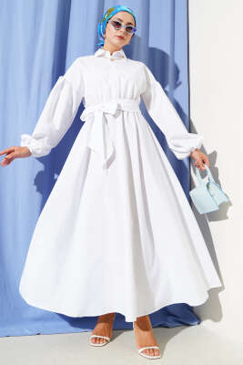 Pazarium - Yarım Fermuarlı Balon Kol Terikoton Elbise Beyaz