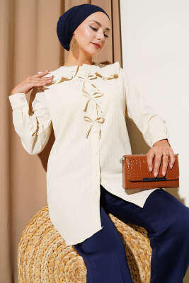 Pazarium - Bebe Yaka Fiyonklu Gömlek Bej