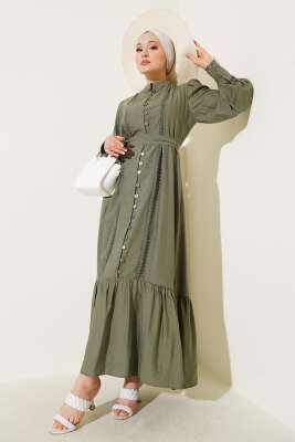 Pazarium - Etek Pileli Kuşaklı Elbise Haki