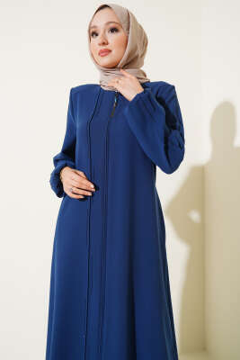 Taşlı Dikişli Omuz Vatkalı Büyük Beden Ferace Indıgo - Thumbnail