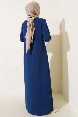 Taşlı Dikişli Omuz Vatkalı Büyük Beden Ferace Indıgo - Thumbnail